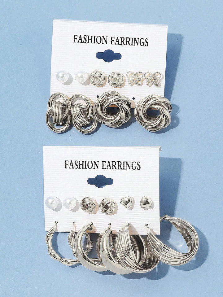 22pcs Butterfly C-Shaped Faux Pearl Silver Color Earring Set