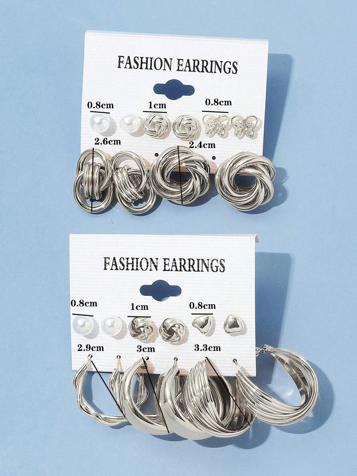 22pcs Butterfly C-Shaped Faux Pearl Silver Color Earring Set