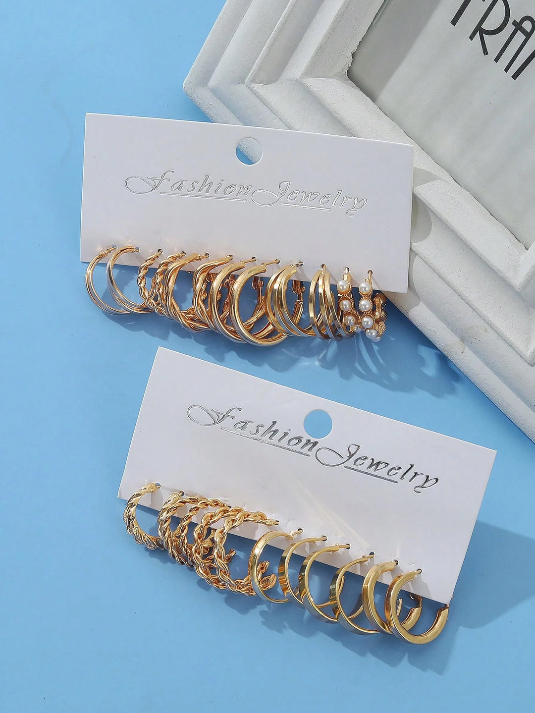 24pcs C-Shaped Yellow Gold Boho Geometric Jewelry Faux Pearl Earring Set for Women