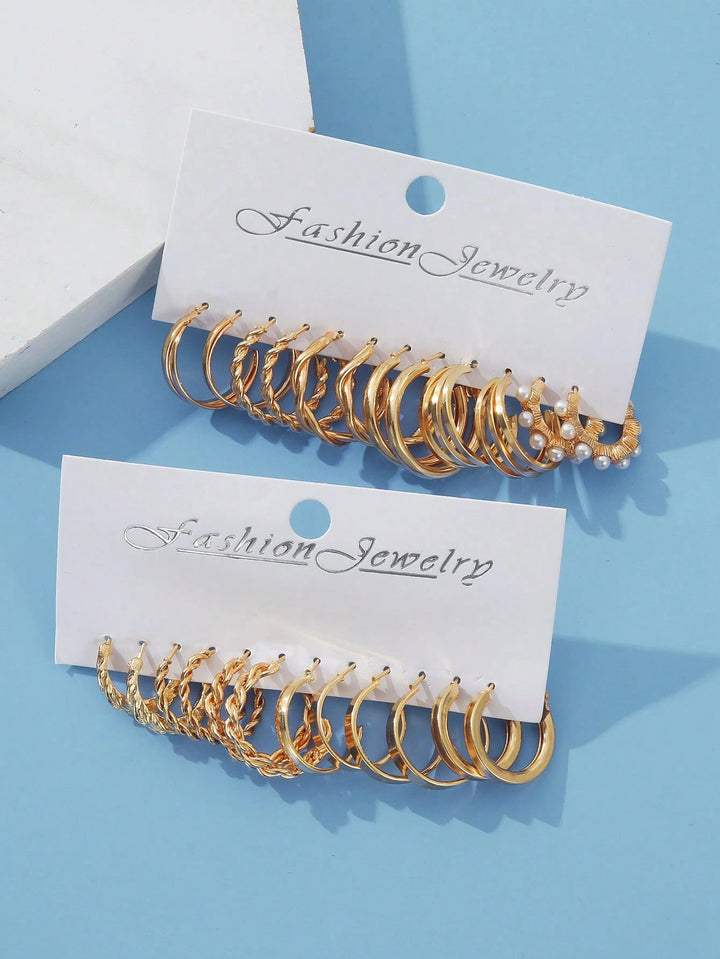 24pcs C-Shaped Yellow Gold Boho Geometric Jewelry Faux Pearl Earring Set for Women