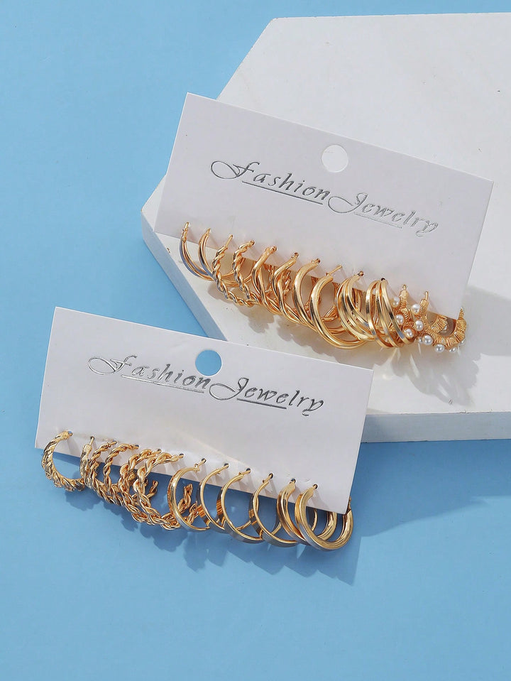24pcs C-Shaped Yellow Gold Boho Geometric Jewelry Faux Pearl Earring Set for Women