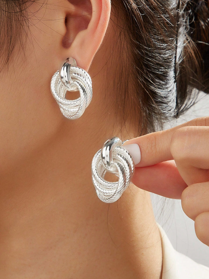 European & American Minimalist Twist Two-Layer Press Pattern Clip-On Earrings - Silver