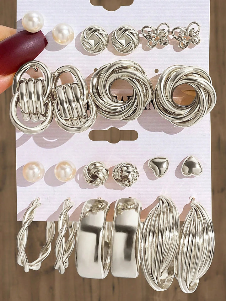 22pcs Butterfly C-Shaped Faux Pearl Silver Color Earring Set