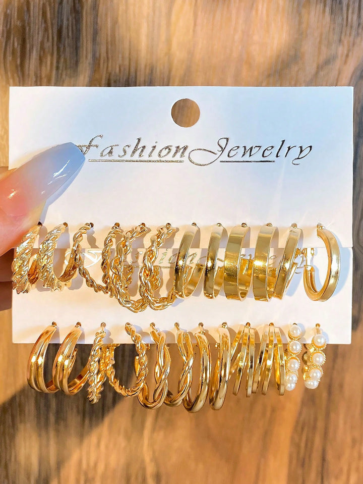 24pcs C-Shaped Yellow Gold Boho Geometric Jewelry Faux Pearl Earring Set for Women