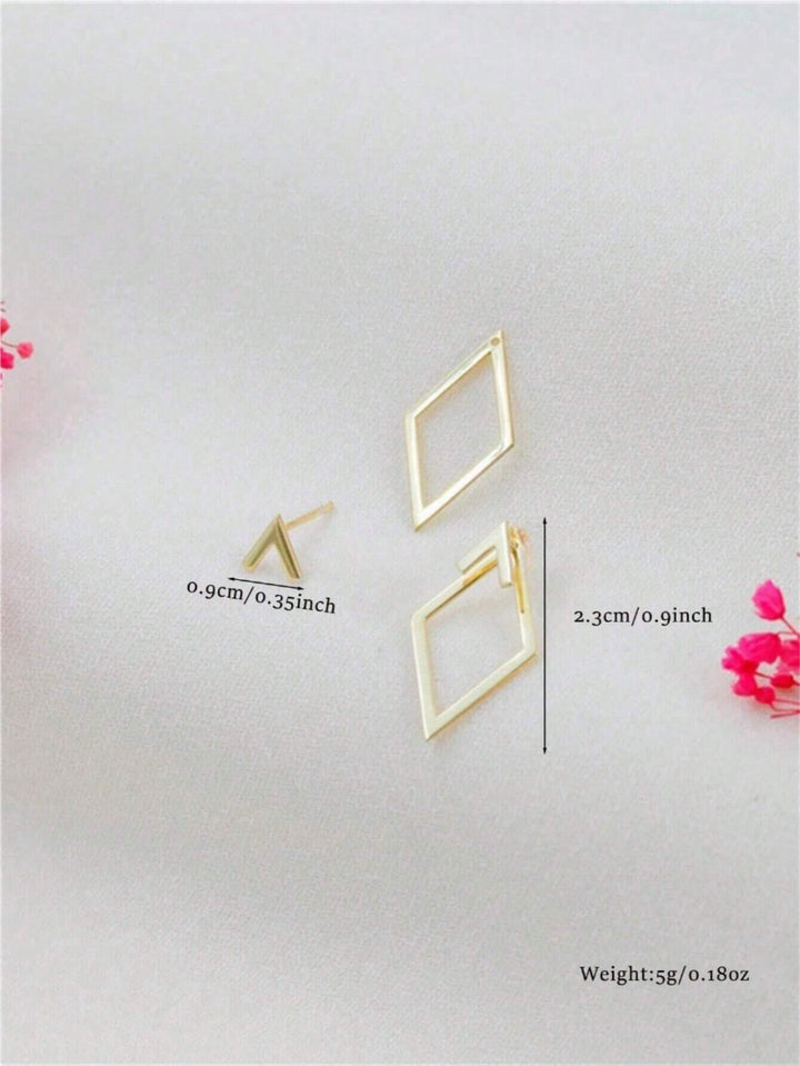 Geometric Hollow Diamond-Shaped Front & Rear Earrings | Two-Way Ear Jacket Design - Gold