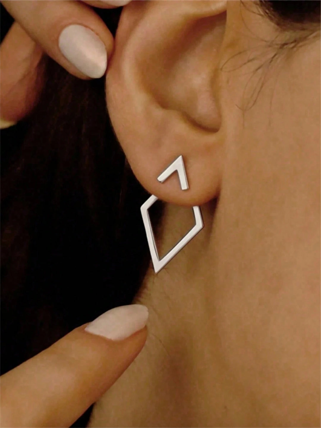 Geometric Hollow Diamond-Shaped Front & Rear Earrings | Two-Way Ear Jacket Design - Silver