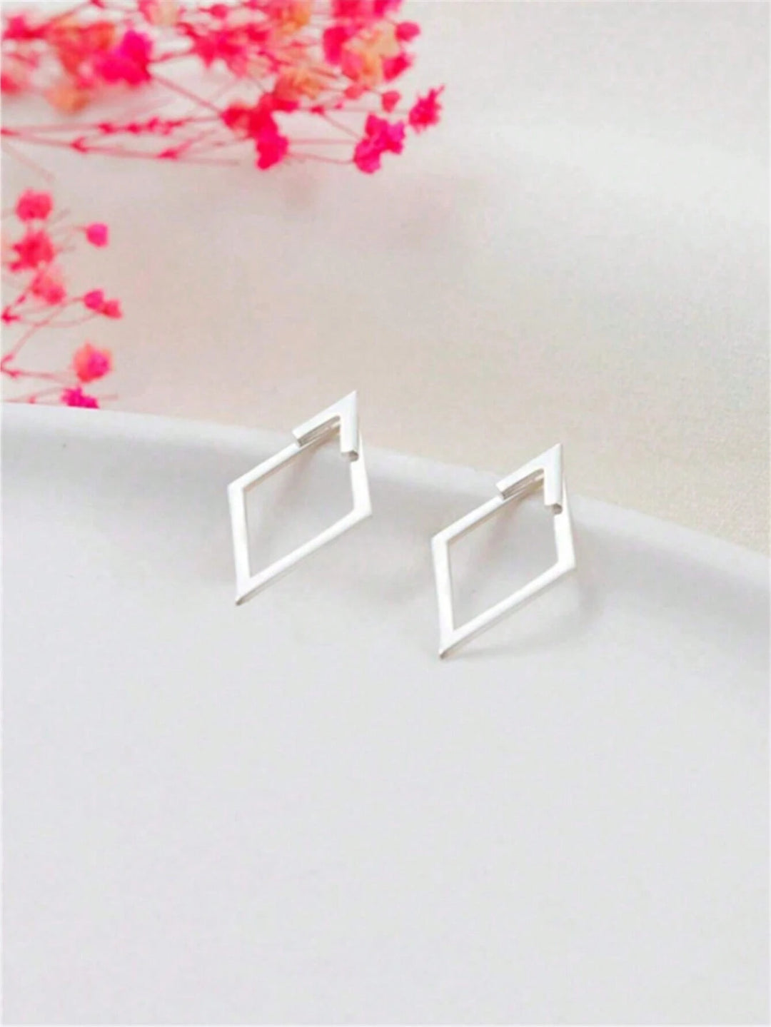 Geometric Hollow Diamond-Shaped Front & Rear Earrings | Two-Way Ear Jacket Design - Silver