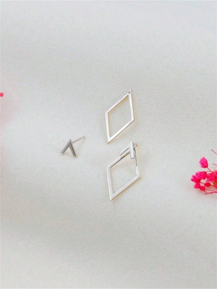 Geometric Hollow Diamond-Shaped Front & Rear Earrings | Two-Way Ear Jacket Design - Silver