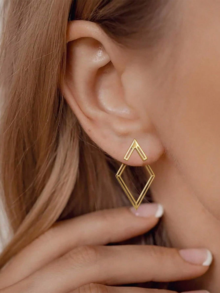 Geometric Hollow Diamond-Shaped Front & Rear Earrings | Two-Way Ear Jacket Design - Gold