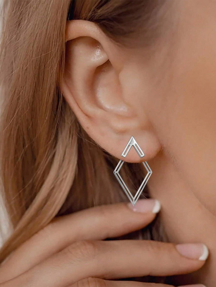Geometric Hollow Diamond-Shaped Front & Rear Earrings | Two-Way Ear Jacket Design - Silver