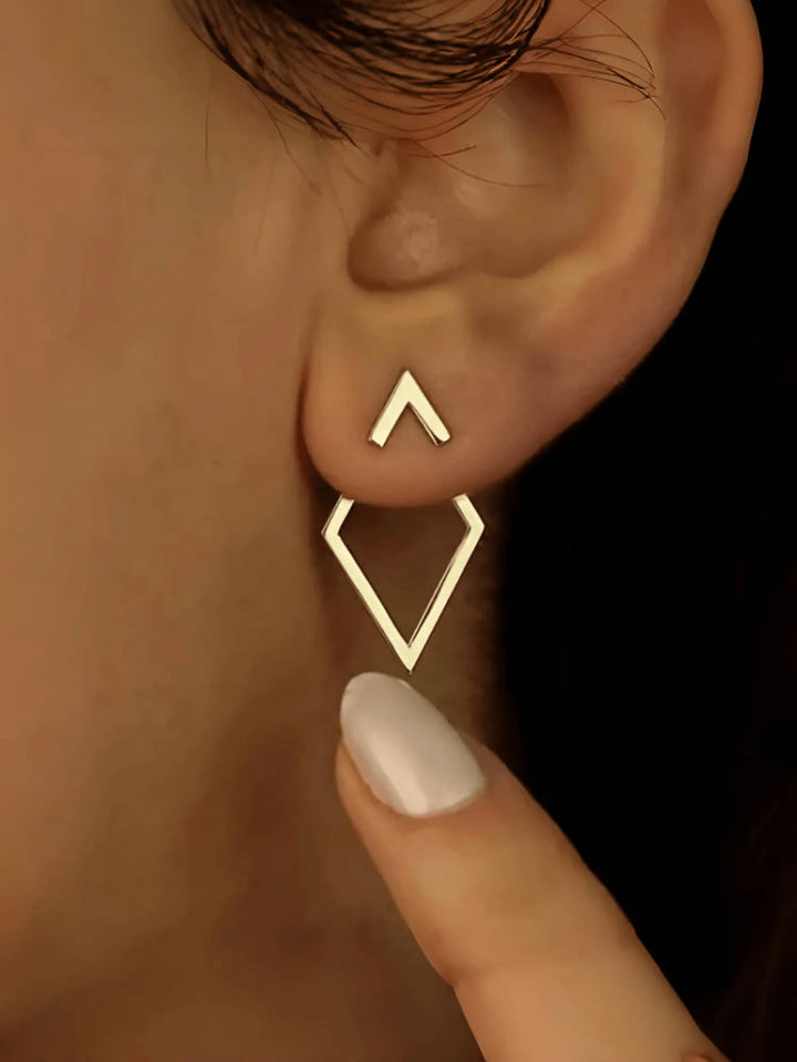 Geometric Hollow Diamond-Shaped Front & Rear Earrings | Two-Way Ear Jacket Design - Gold