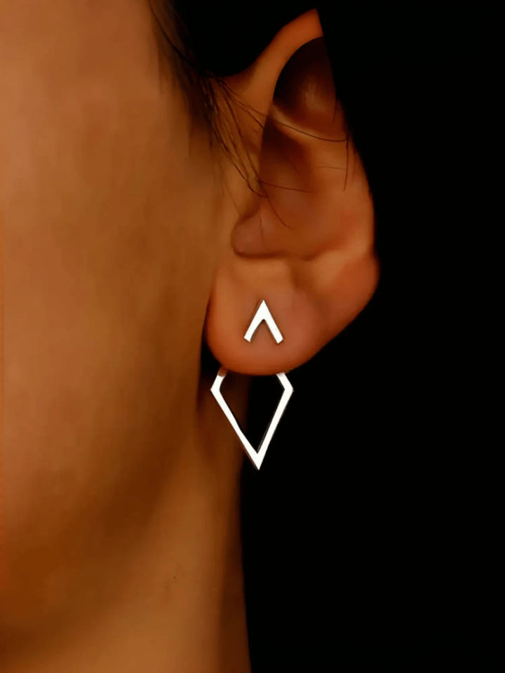 Geometric Hollow Diamond-Shaped Front & Rear Earrings | Two-Way Ear Jacket Design - Silver