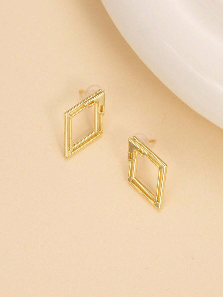 Geometric Hollow Diamond-Shaped Front & Rear Earrings | Two-Way Ear Jacket Design - Gold