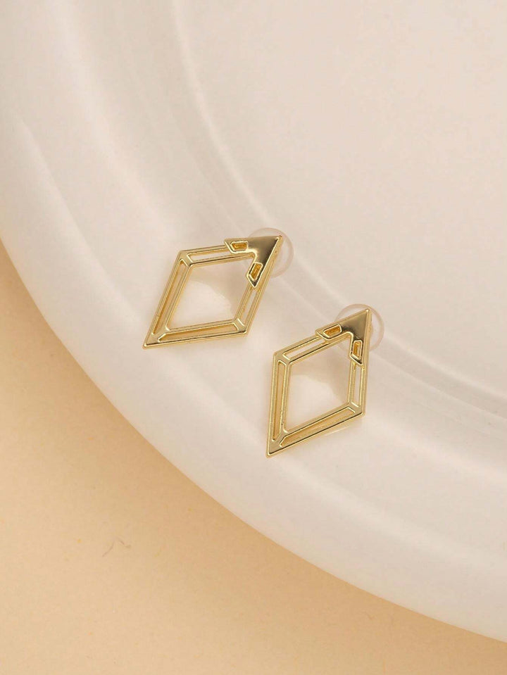 Geometric Hollow Diamond-Shaped Front & Rear Earrings | Two-Way Ear Jacket Design - Gold