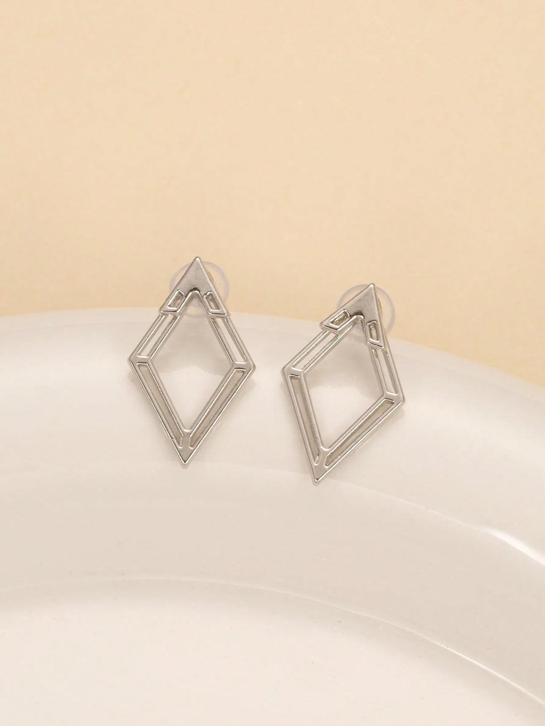 Geometric Hollow Diamond-Shaped Front & Rear Earrings | Two-Way Ear Jacket Design - Silver