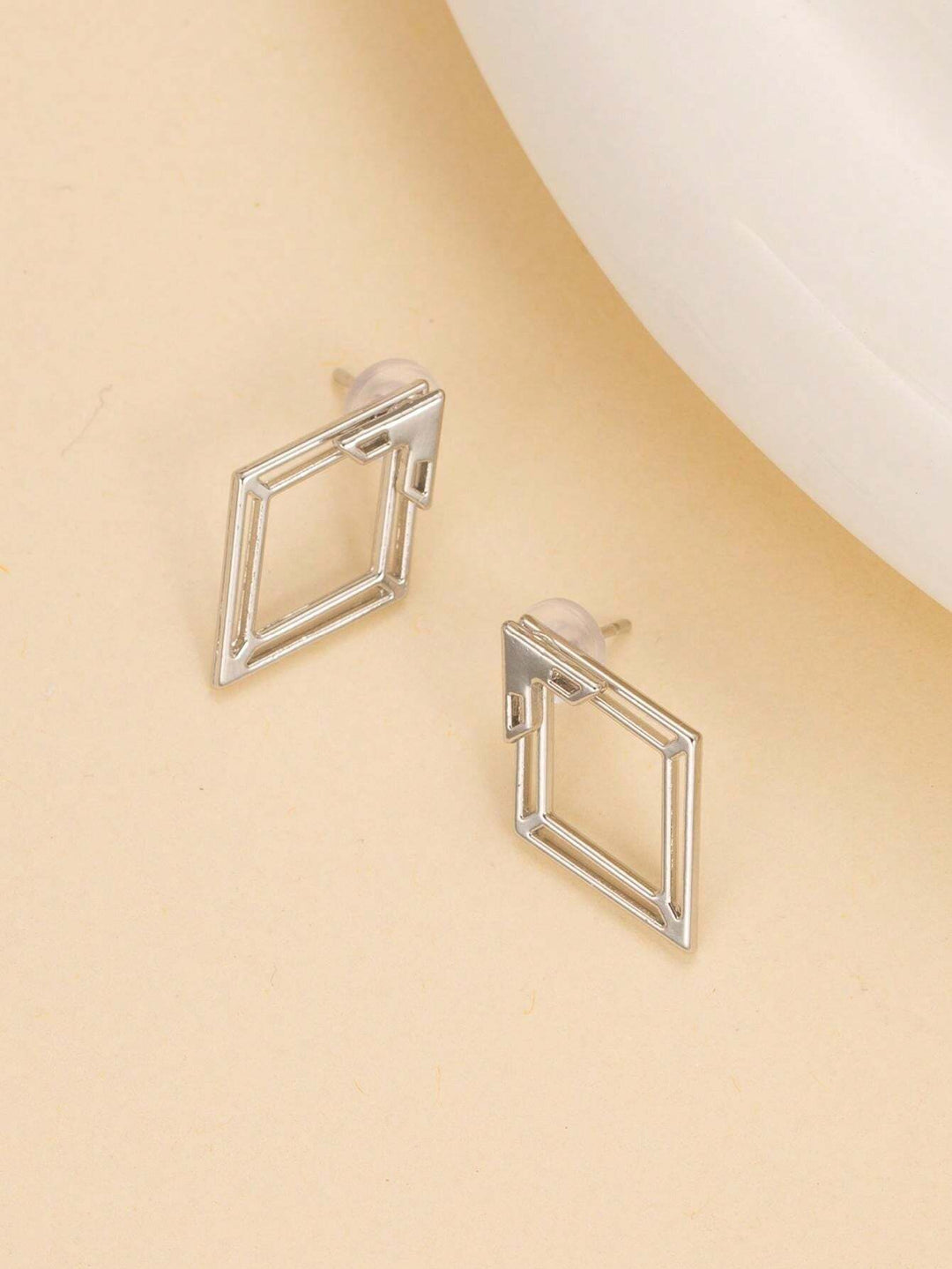 Geometric Hollow Diamond-Shaped Front & Rear Earrings | Two-Way Ear Jacket Design - Silver