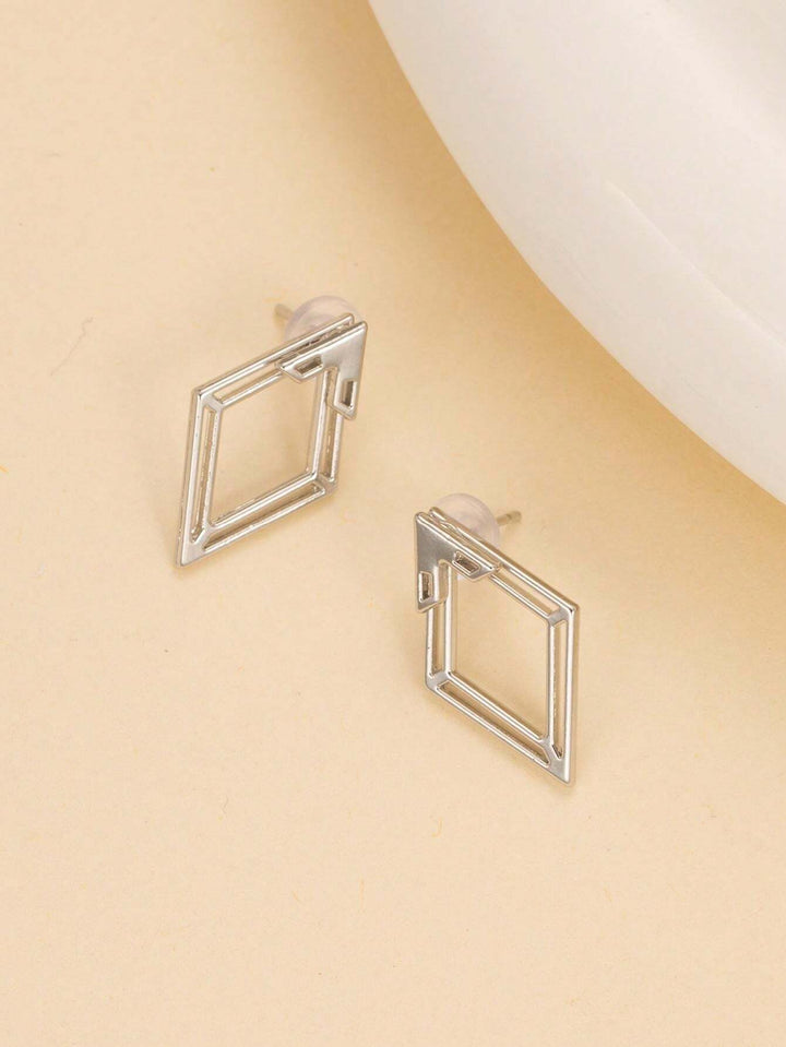 Geometric Hollow Diamond-Shaped Front & Rear Earrings | Two-Way Ear Jacket Design - Silver