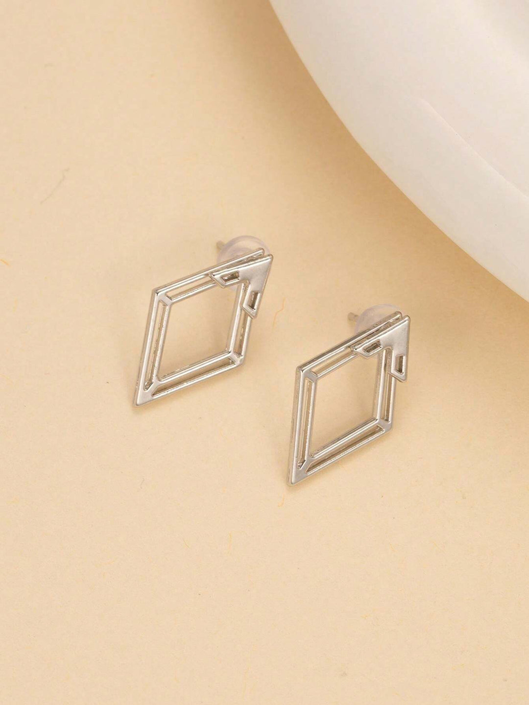 Geometric Hollow Diamond-Shaped Front & Rear Earrings | Two-Way Ear Jacket Design - Silver