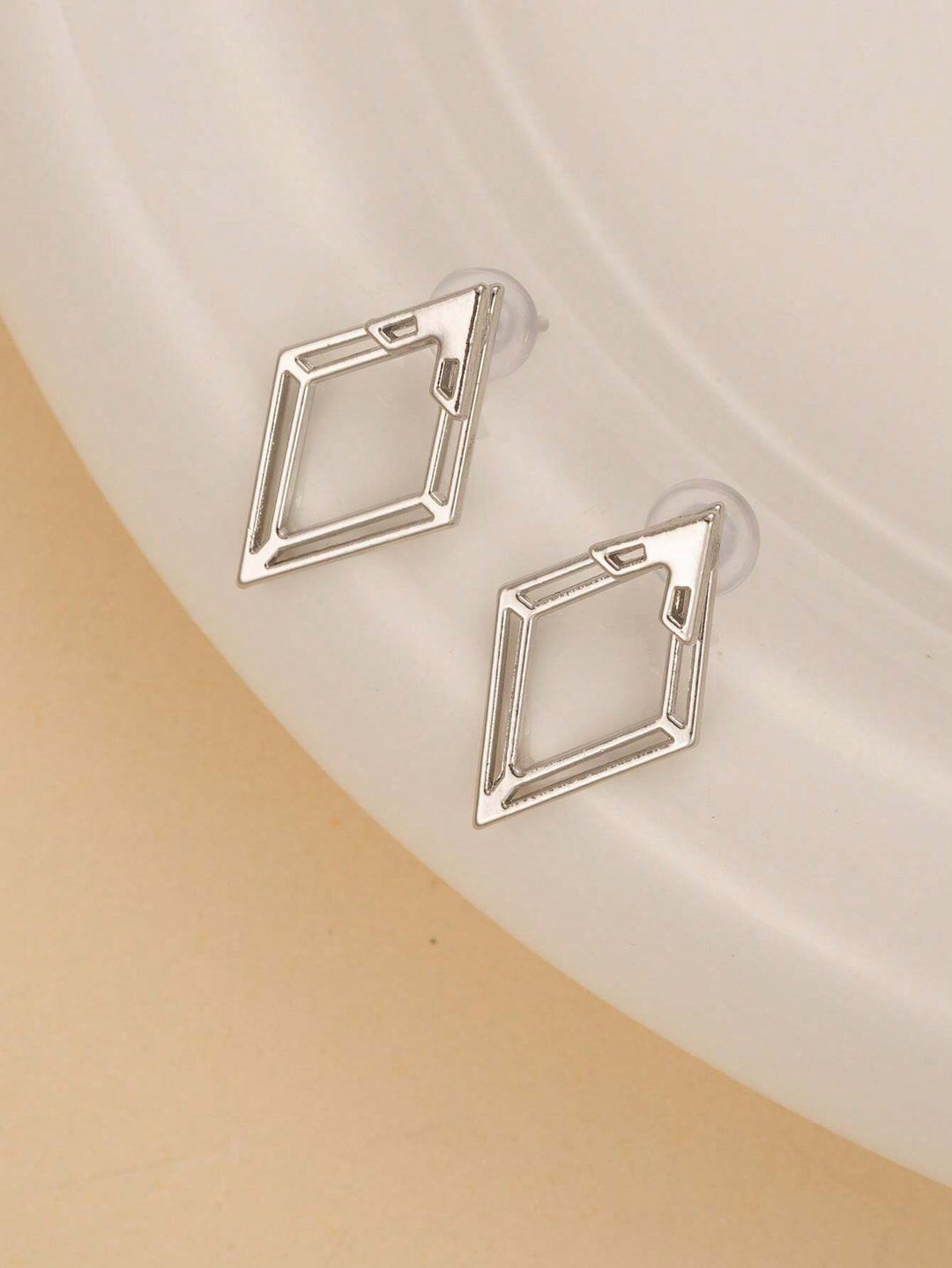 Geometric Hollow Diamond-Shaped Front & Rear Earrings | Two-Way Ear Jacket Design - Silver