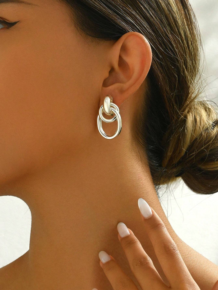 Silver-Tone Multi-Turn Knotted Double Hoop Stud Earrings for Women