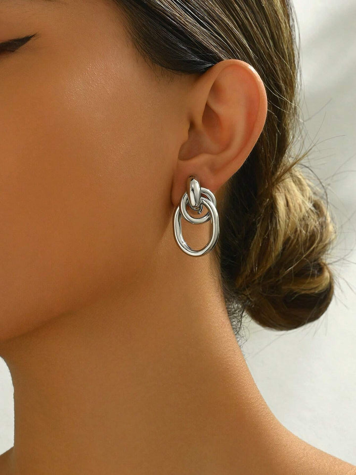 Rhodium-Tone Multi-Turn Knotted Double Hoop Stud Earrings for Women