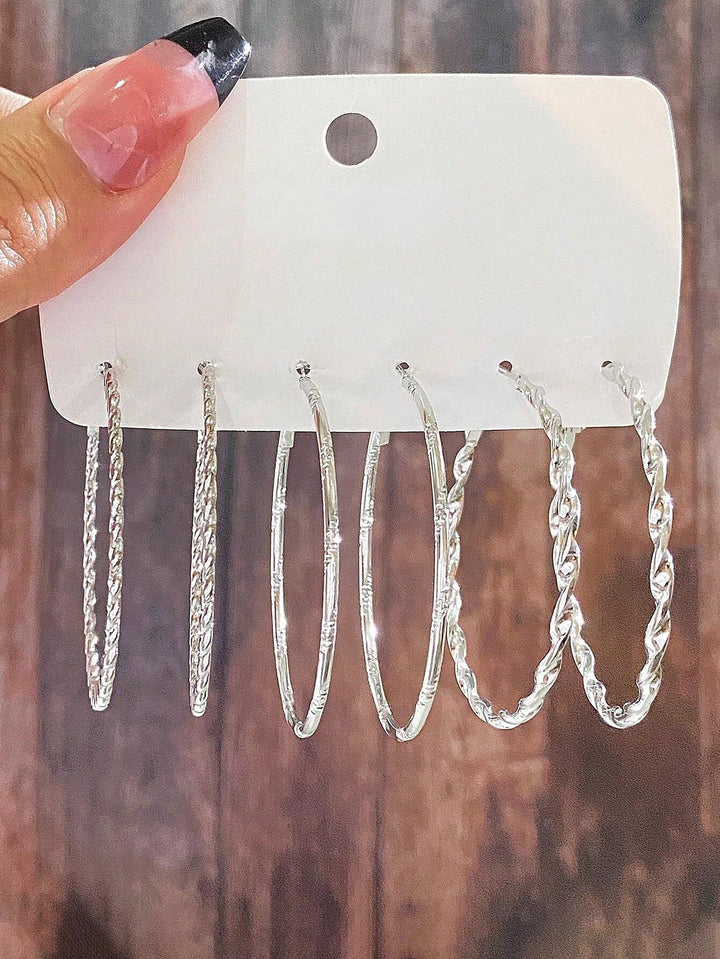 3 Pairs Geometric Hoop Earrings for Women - Silver