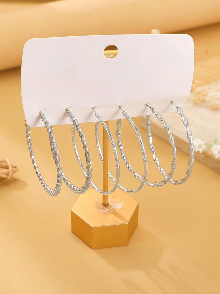 3 Pairs Geometric Hoop Earrings for Women - Silver