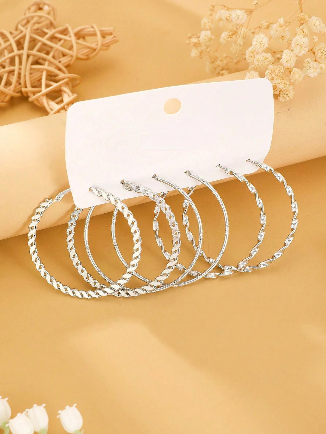 3 Pairs Geometric Hoop Earrings for Women - Silver