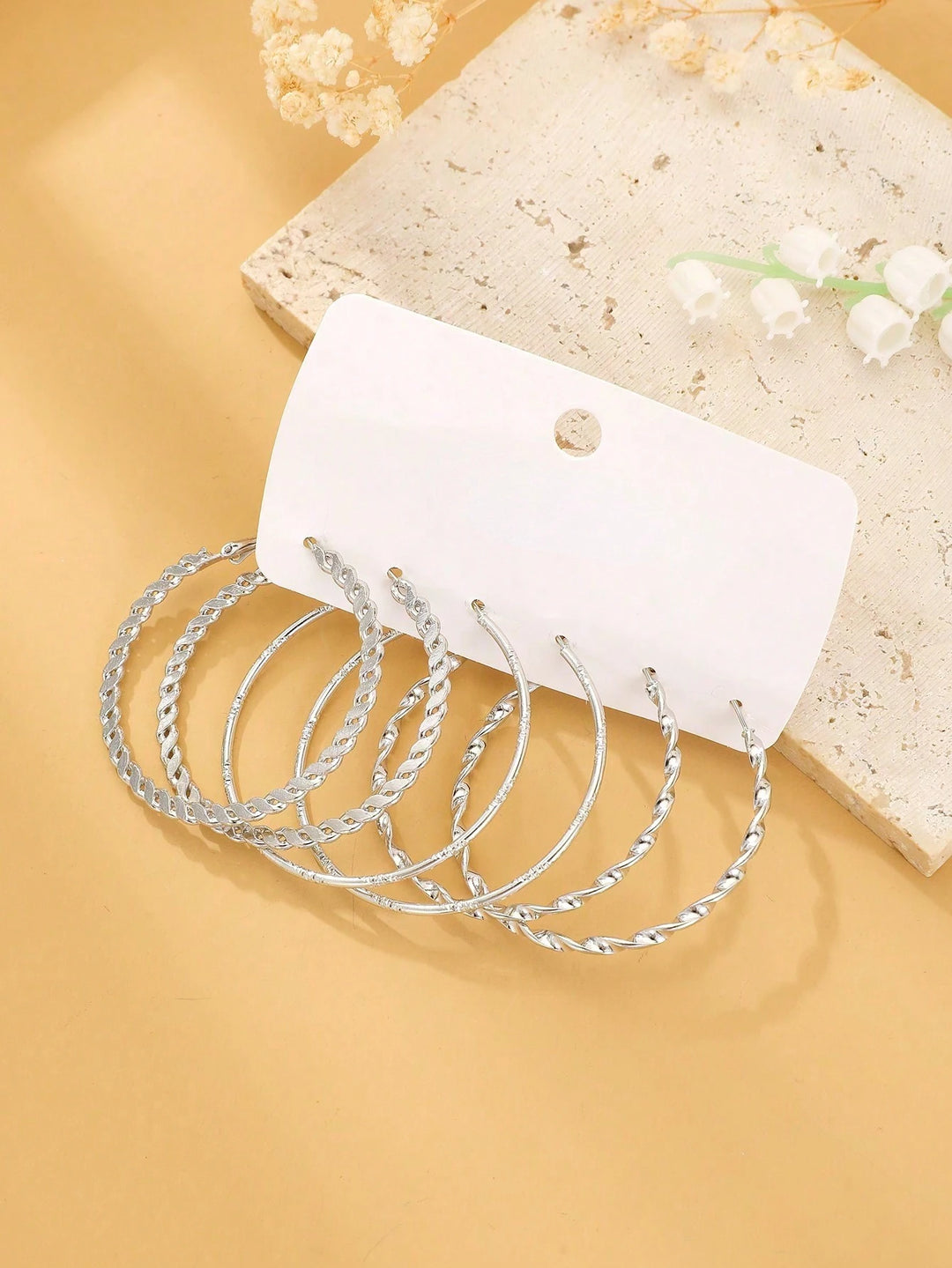 3 Pairs Geometric Hoop Earrings for Women - Silver