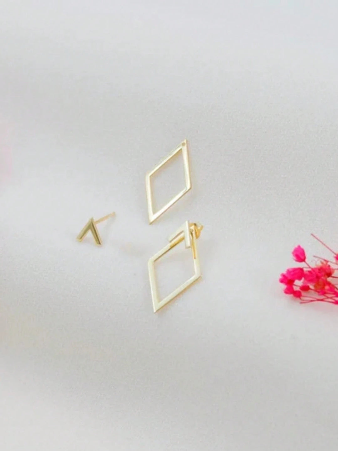 Geometric Hollow Diamond-Shaped Front & Rear Earrings | Two-Way Ear Jacket Design - Gold