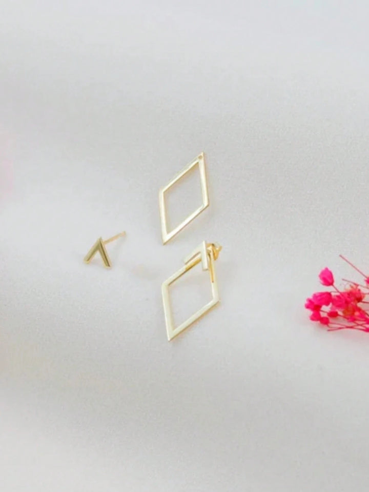 Geometric Hollow Diamond-Shaped Front & Rear Earrings | Two-Way Ear Jacket Design - Gold