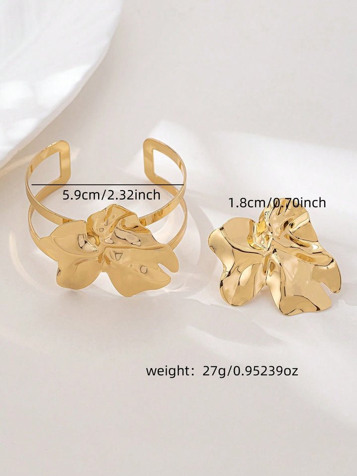 Elegant 4-Petal Bracelet & Ring Set for Women - Minimalist Everyday Jewelry