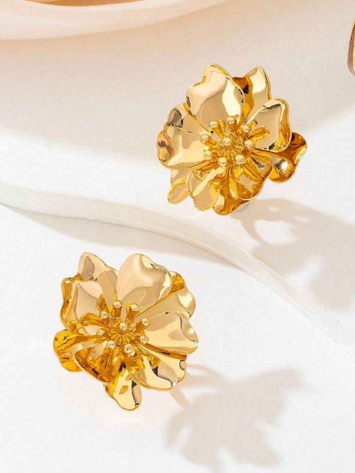 Modern Floral Double-Layer Flower Stud Earrings - Asymmetrical Design