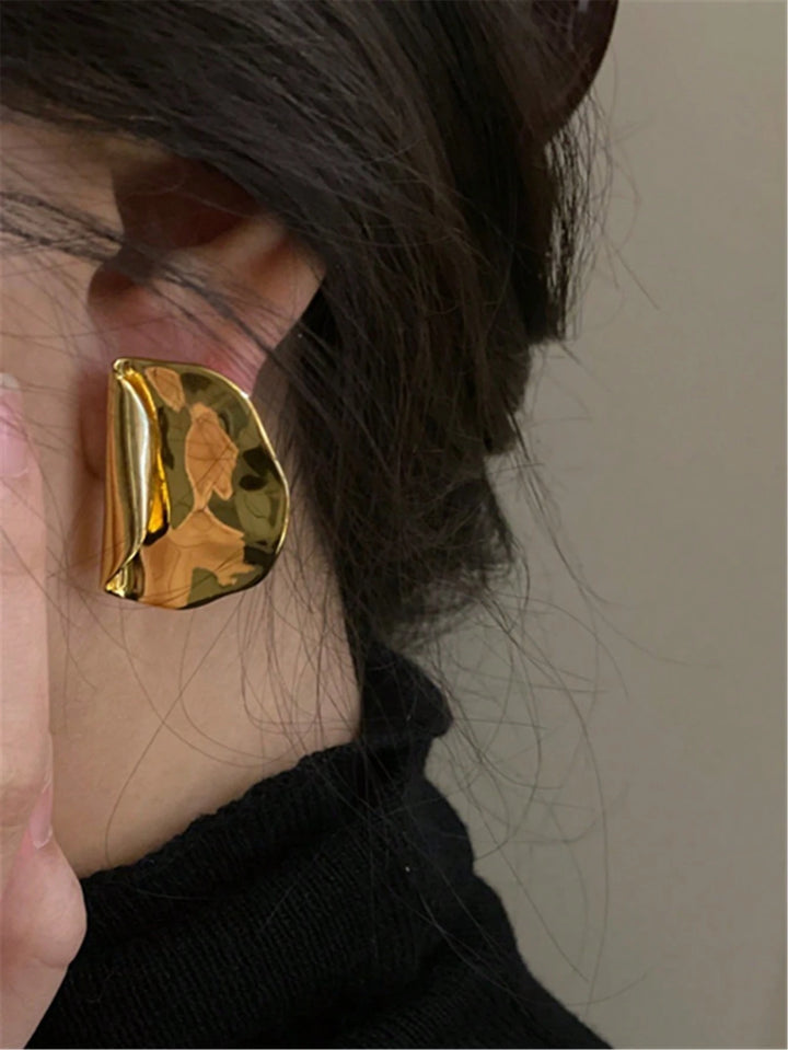 Abstract Geometric Gold-Tone Metal Stud Earrings for Women – Irregular Molten Design