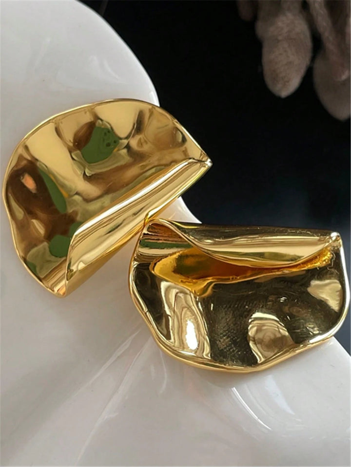 Abstract Geometric Gold-Tone Metal Stud Earrings for Women – Irregular Molten Design