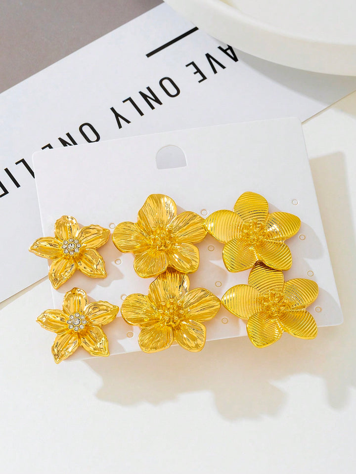 3pcs Vintage Palace Style 3D Floral Rhinestone Earrings Set for Women