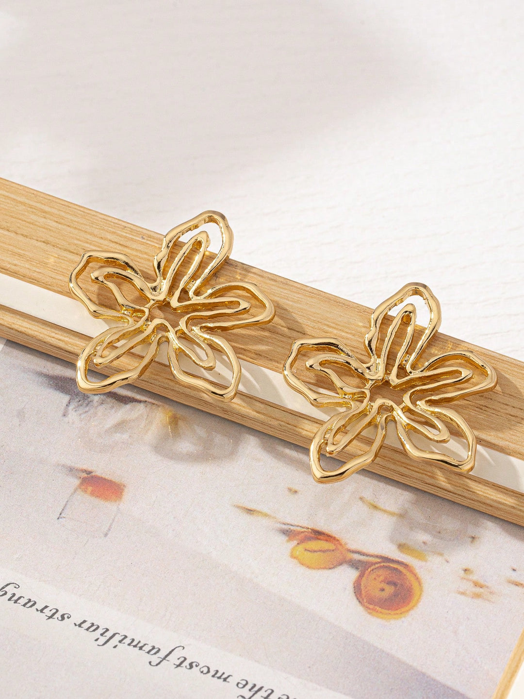 Geometric Asymmetrical Petal Stud Earrings, Lightweight Hollow Flower Design