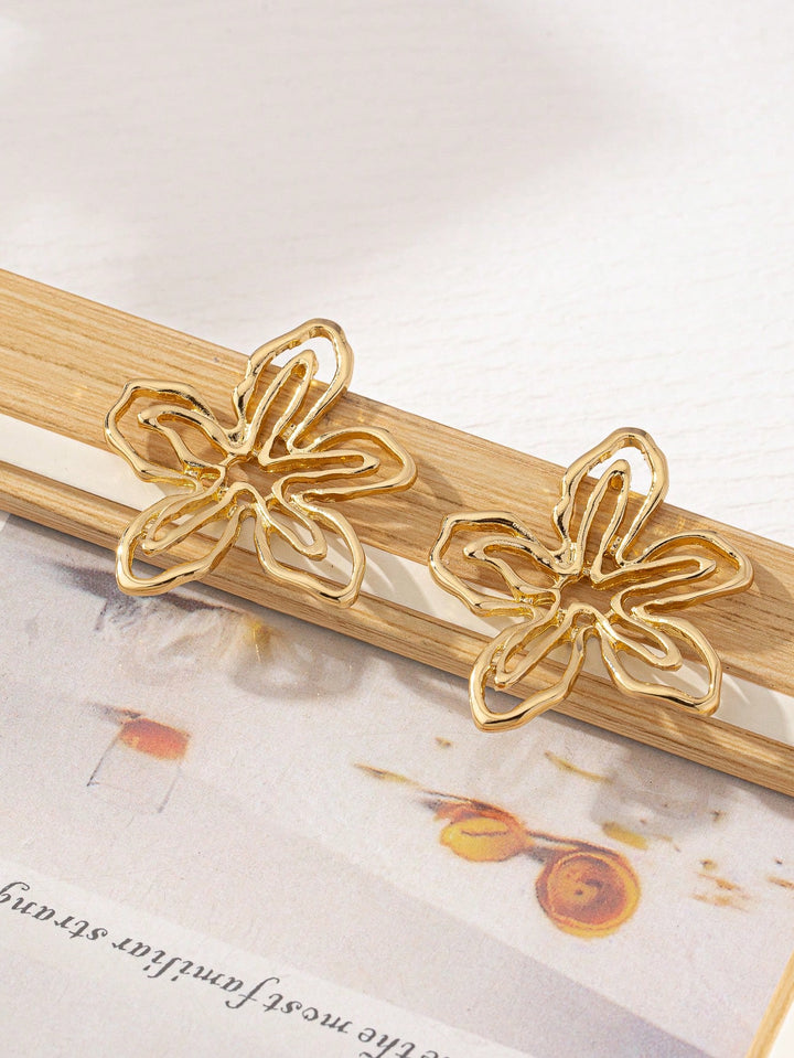 Geometric Asymmetrical Petal Stud Earrings, Lightweight Hollow Flower Design