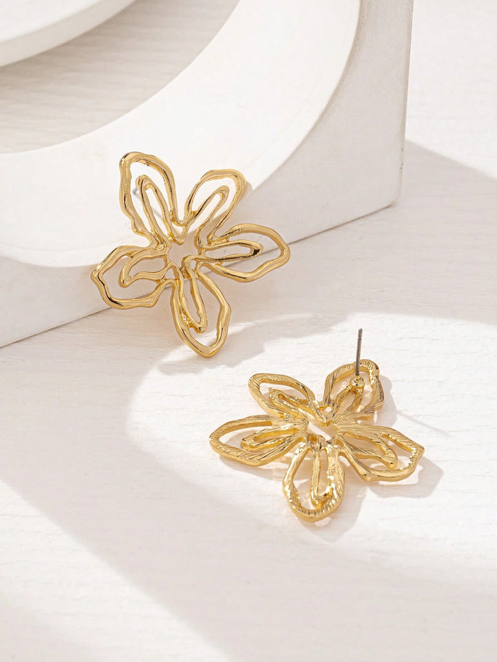Geometric Asymmetrical Petal Stud Earrings, Lightweight Hollow Flower Design