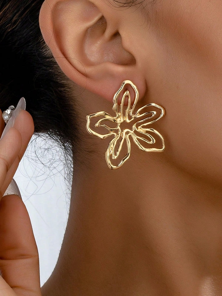 Geometric Asymmetrical Petal Stud Earrings, Lightweight Hollow Flower Design
