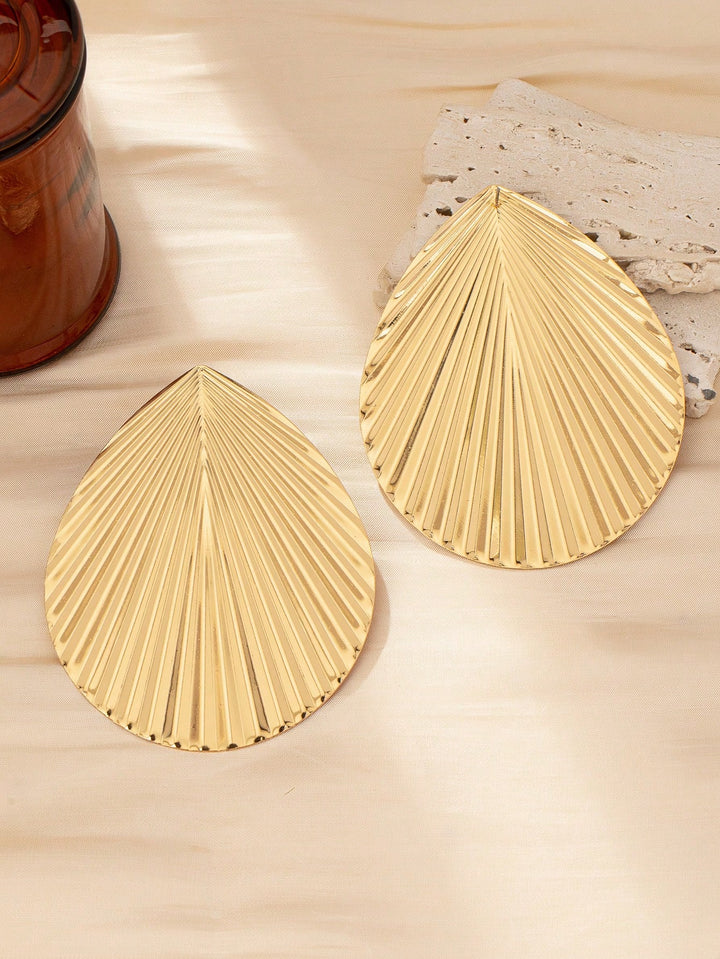 Exaggerated Leaf Metal Stud Earrings, Statement Oversized Gold-Tone Jewelry