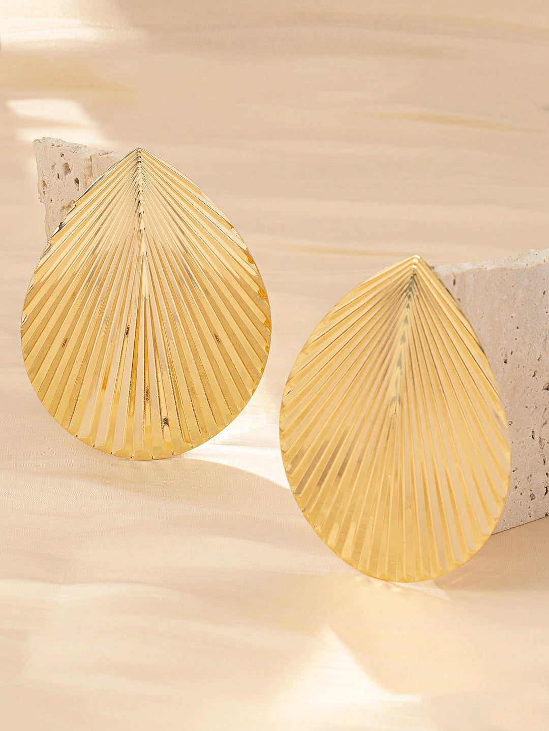 Exaggerated Leaf Metal Stud Earrings, Statement Oversized Gold-Tone Jewelry
