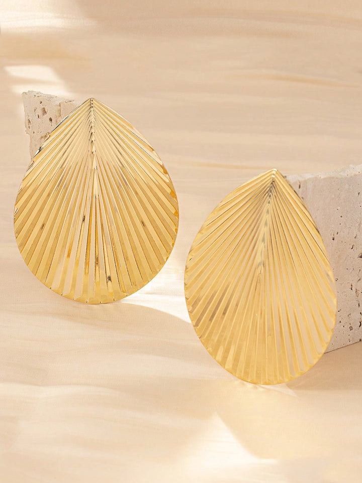 Exaggerated Leaf Metal Stud Earrings, Statement Oversized Gold-Tone Jewelry