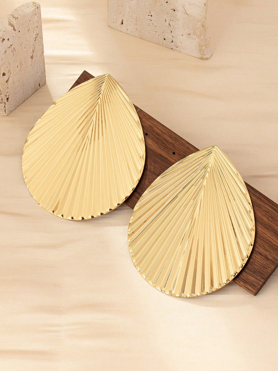Exaggerated Leaf Metal Stud Earrings, Statement Oversized Gold-Tone Jewelry