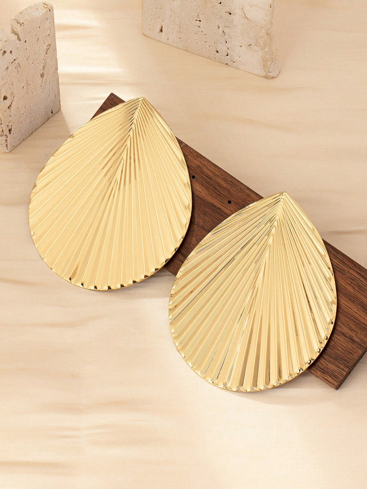 Exaggerated Leaf Metal Stud Earrings, Statement Oversized Gold-Tone Jewelry