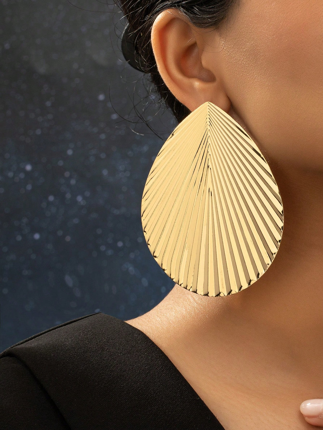 Exaggerated Leaf Metal Stud Earrings, Statement Oversized Gold-Tone Jewelry