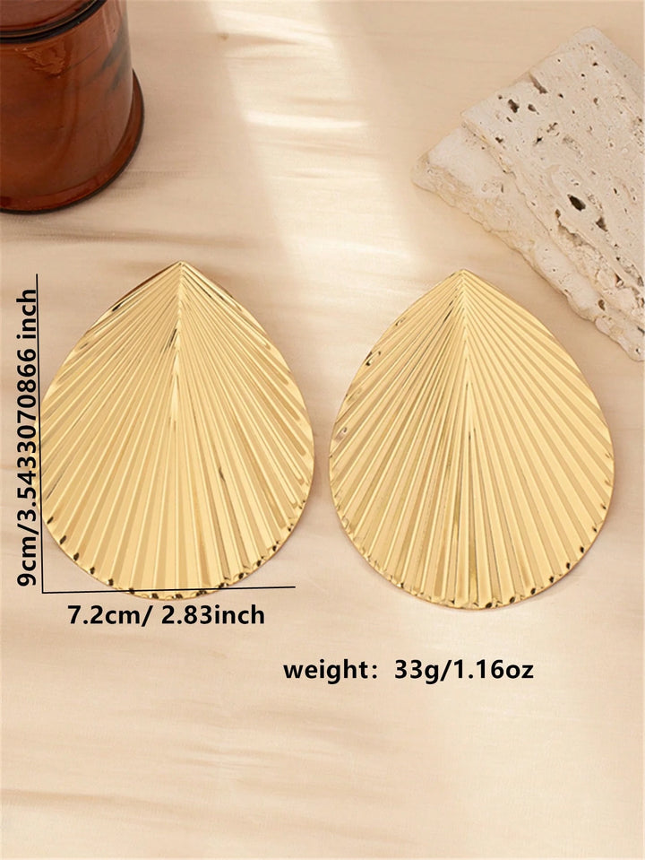 Exaggerated Leaf Metal Stud Earrings, Statement Oversized Gold-Tone Jewelry