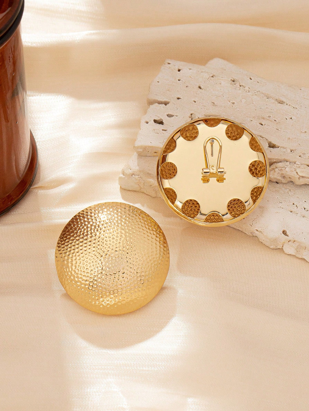 Geometric Chic Round Metal Stud Earrings, Hammered Texture Gold-Tone Jewelry
