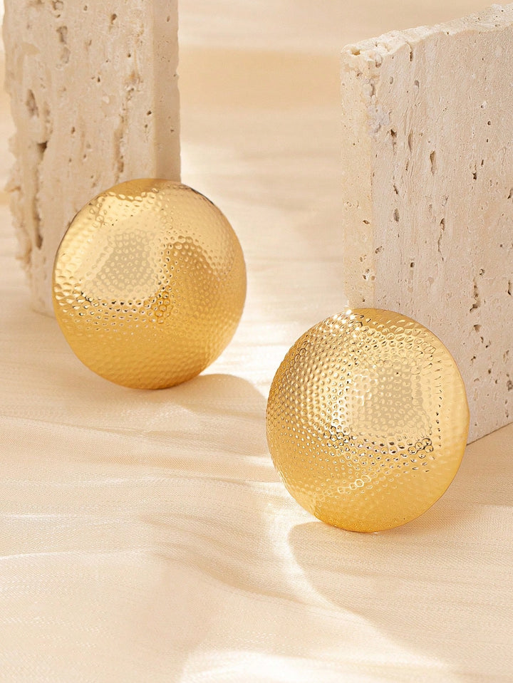 Geometric Chic Round Metal Stud Earrings, Hammered Texture Gold-Tone Jewelry