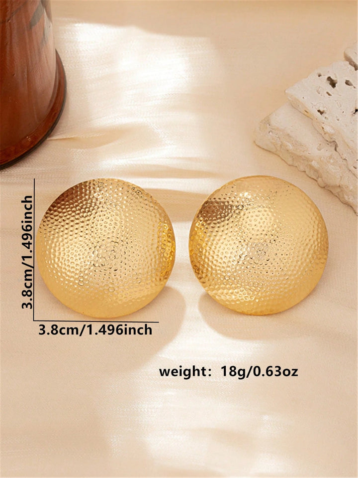 Geometric Chic Round Metal Stud Earrings, Hammered Texture Gold-Tone Jewelry